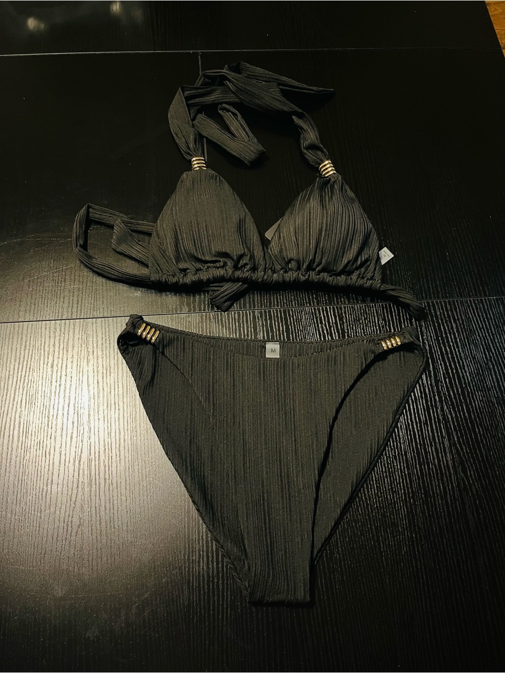Black Women's Halter Bikini Set with Gold Accent